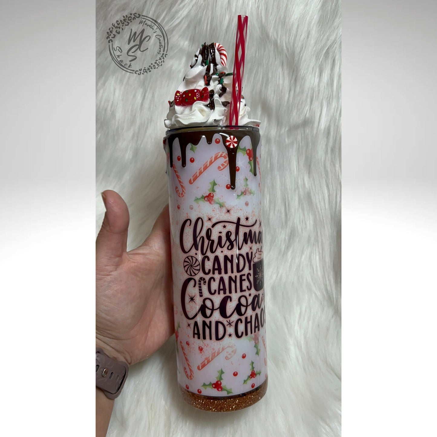 Christmas Tumbler, 20oz Straight Skinny with 3d whipped cream removable topper, Christmas, candy canes, cocoa and chaos with glitter tumbler