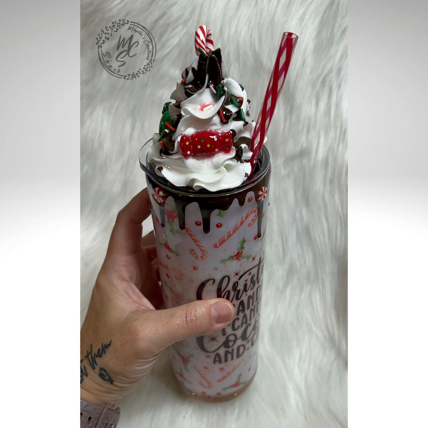 Christmas Tumbler, 20oz Straight Skinny with 3d whipped cream removable topper, Christmas, candy canes, cocoa and chaos with glitter tumbler