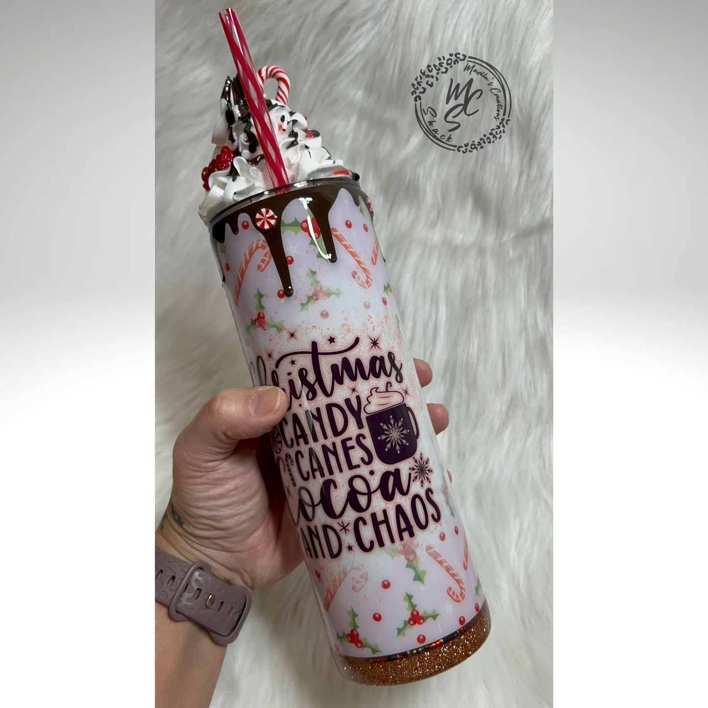 Christmas Tumbler, 20oz Straight Skinny with 3d whipped cream removable topper, Christmas, candy canes, cocoa and chaos with glitter tumbler