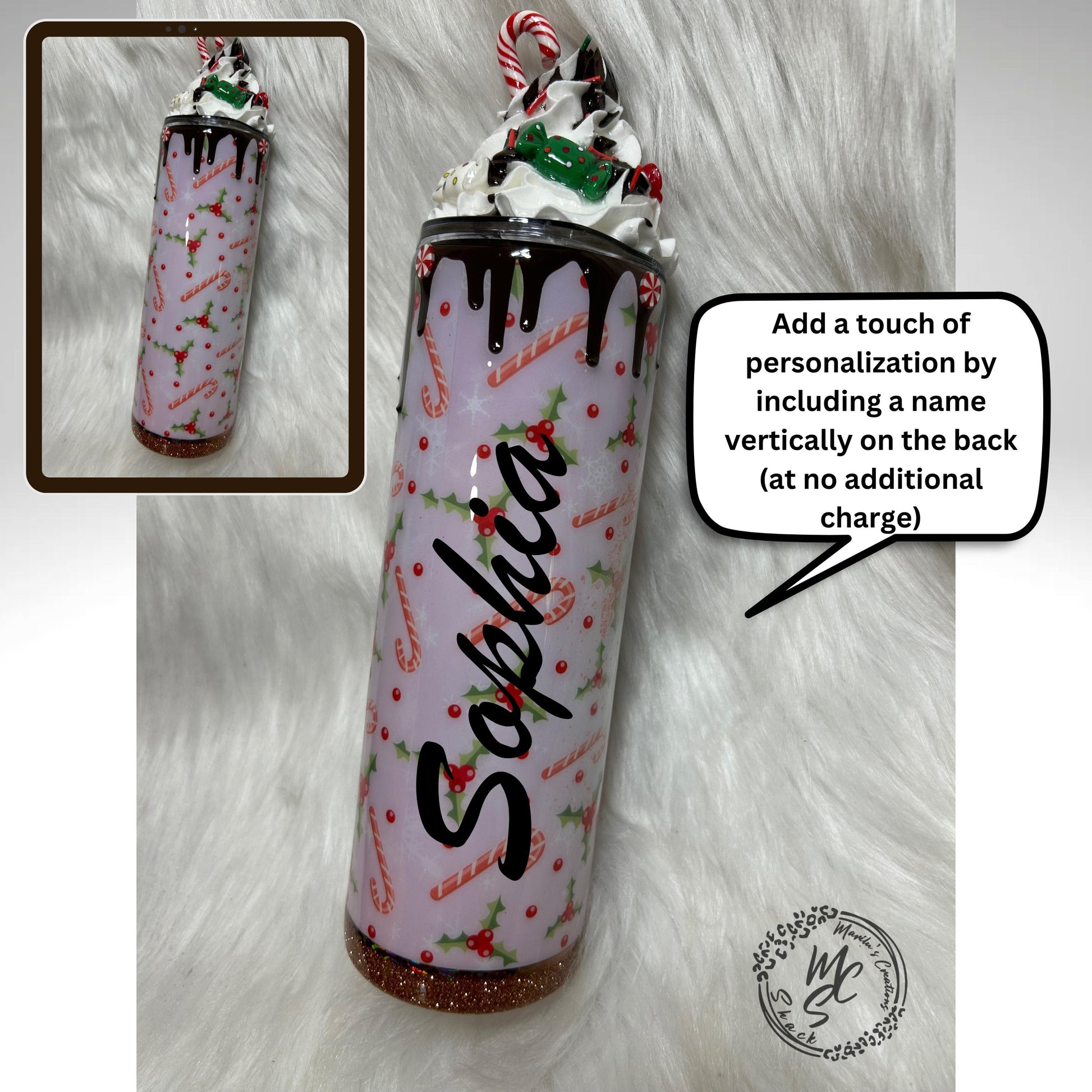 Christmas Tumbler, 20oz Straight Skinny with 3d whipped cream removable topper, Christmas, candy canes, cocoa and chaos with glitter tumbler