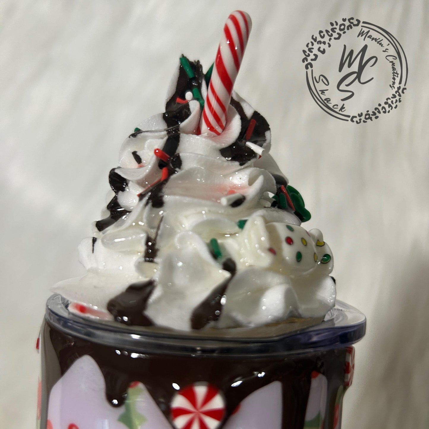 Whipped cream Christmas topper with candy cane and chocolate dripping removable topper and lid for different size tumblers. Faux topper.