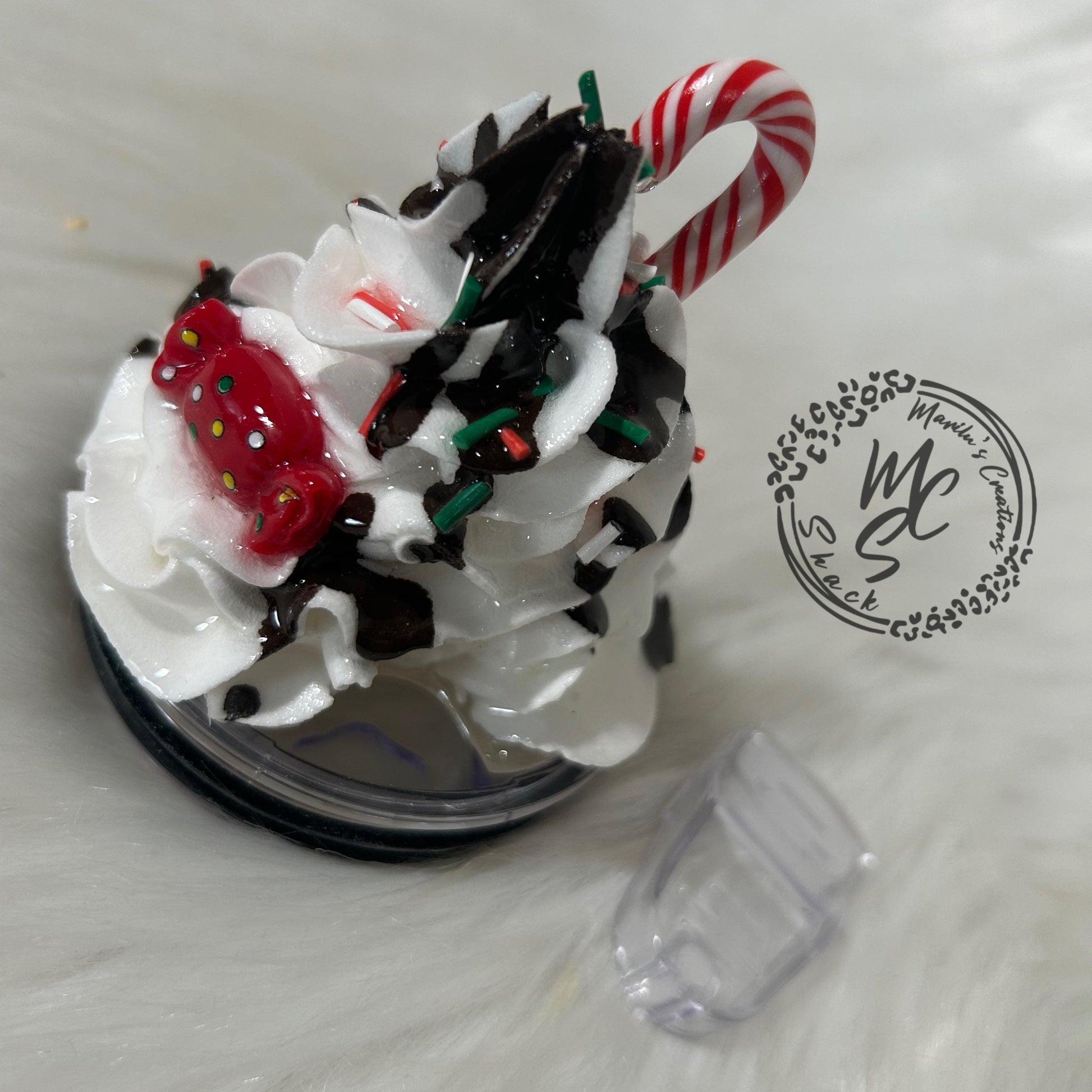 Whipped cream Christmas topper with candy cane and chocolate dripping removable topper and lid for different size tumblers. Faux topper.