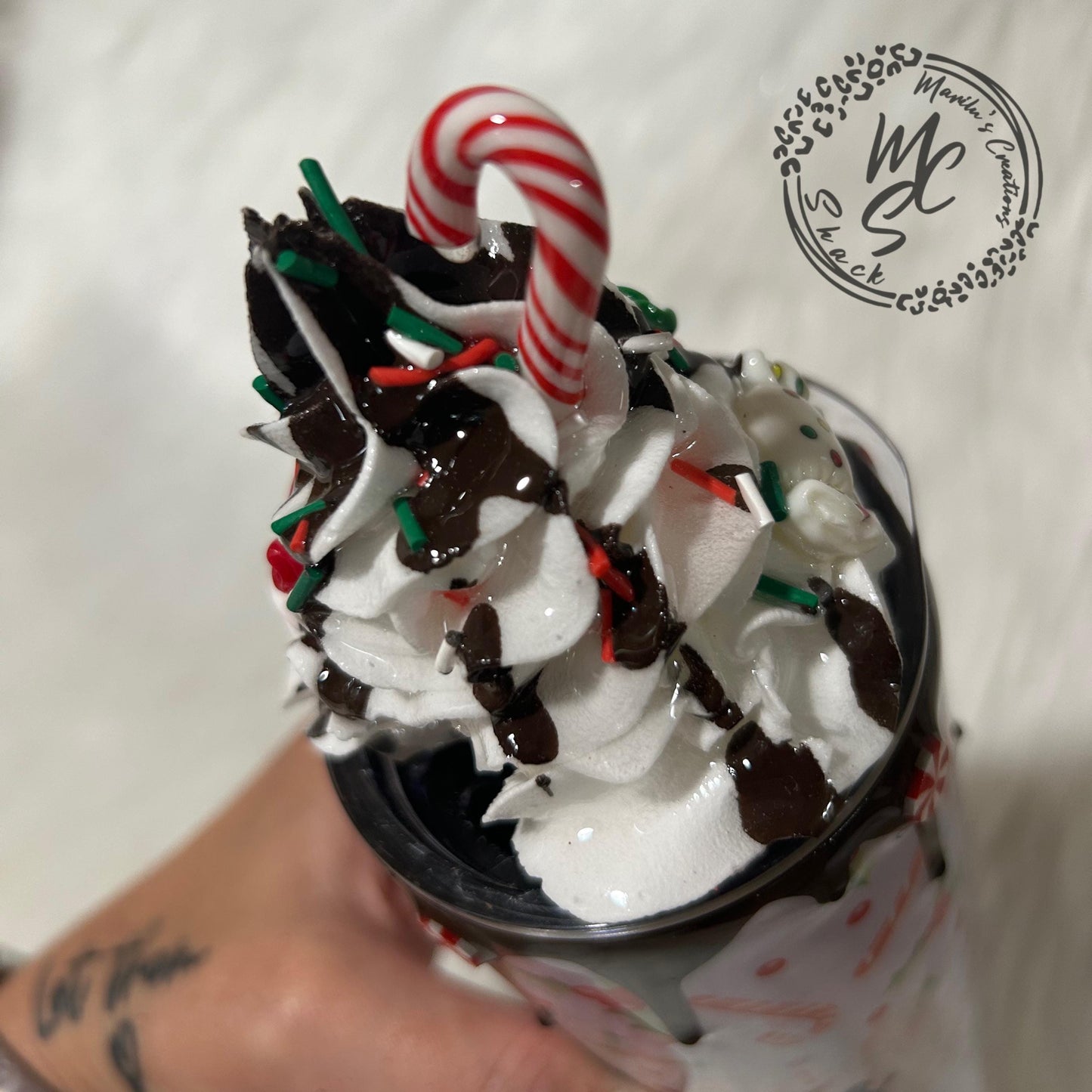 Whipped cream Christmas topper with candy cane and chocolate dripping removable topper and lid for different size tumblers. Faux topper.