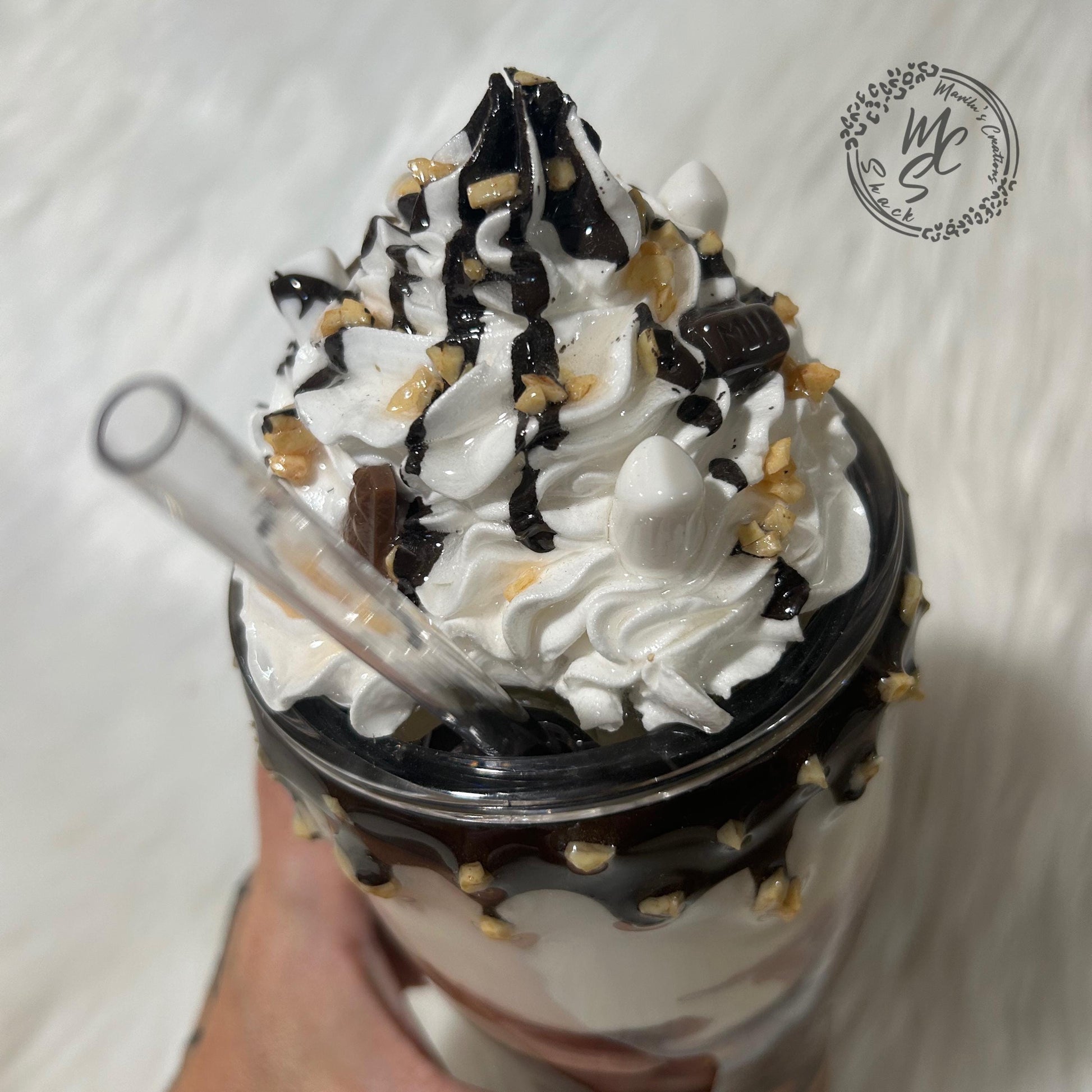 Coffee Swirl Espresso Macchiato style tumbler with chocolate dripping and crushed nuts, realistic whipped cream removable topper.