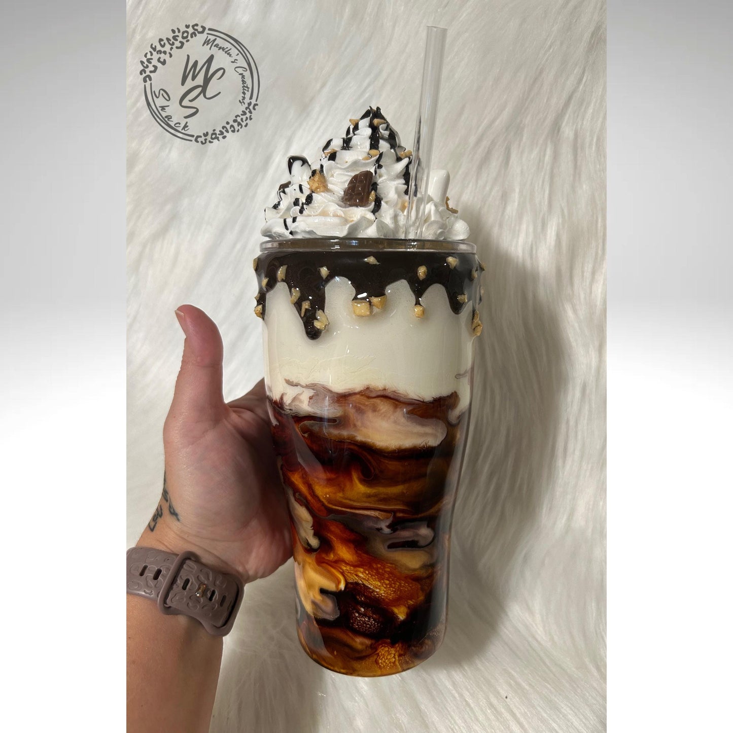 Coffee Swirl Espresso Macchiato style tumbler with chocolate dripping and crushed nuts, realistic whipped cream removable topper.