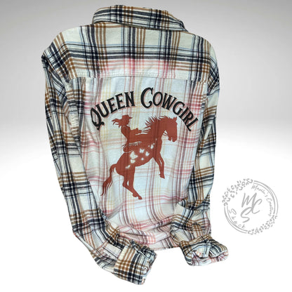 Bleached distressed, super soft real flannel, Queen Cowgirl Delicate Ivory color, horse and butterflies cowgirl flannel, gift for her.