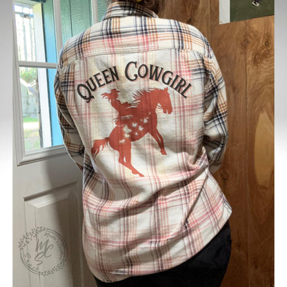 Bleached distressed, super soft real flannel, Queen Cowgirl Delicate Ivory color, horse and butterflies cowgirl flannel, gift for her.