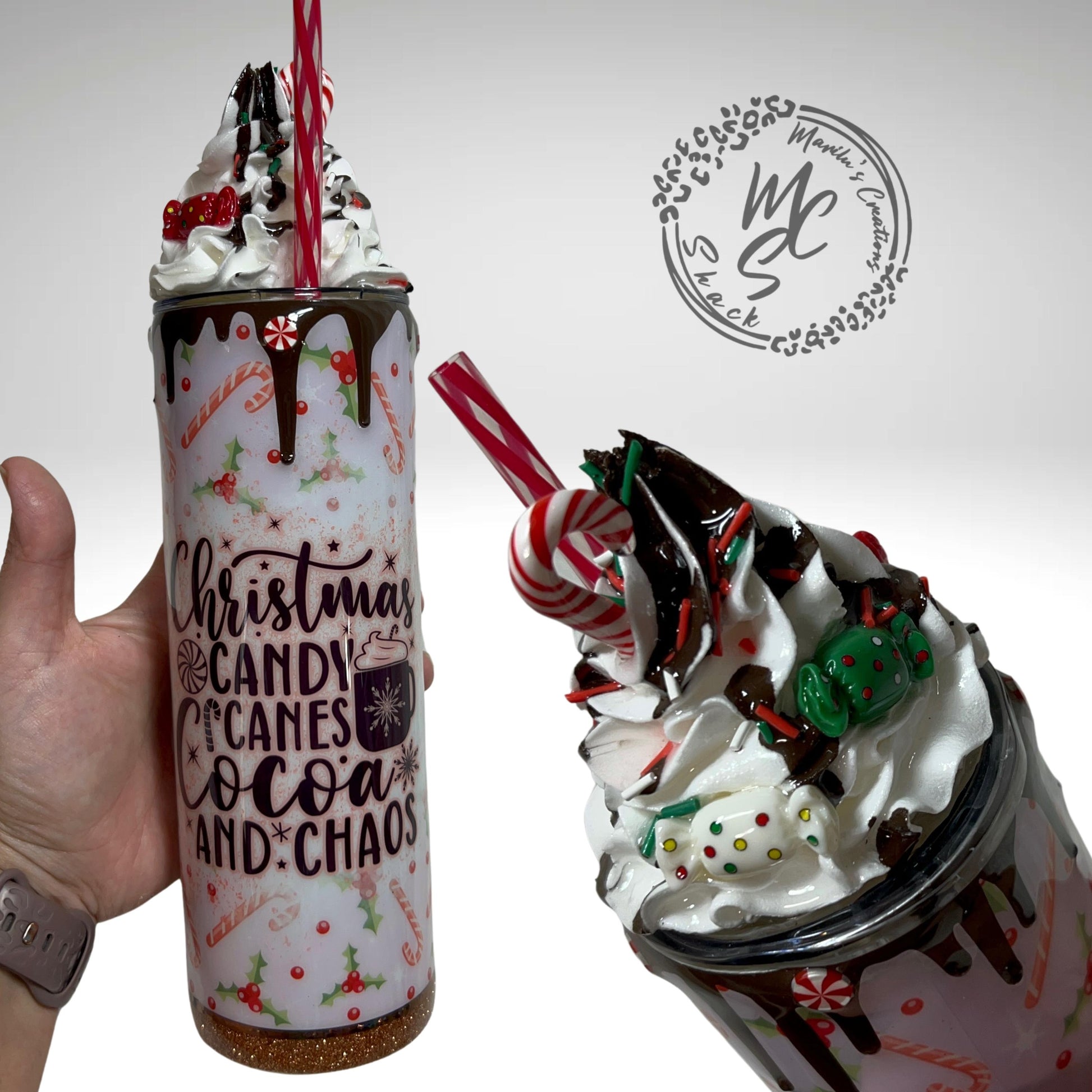 Christmas Tumbler, 20oz Straight Skinny with 3d whipped cream removable topper, Christmas, candy canes, cocoa and chaos with glitter tumbler