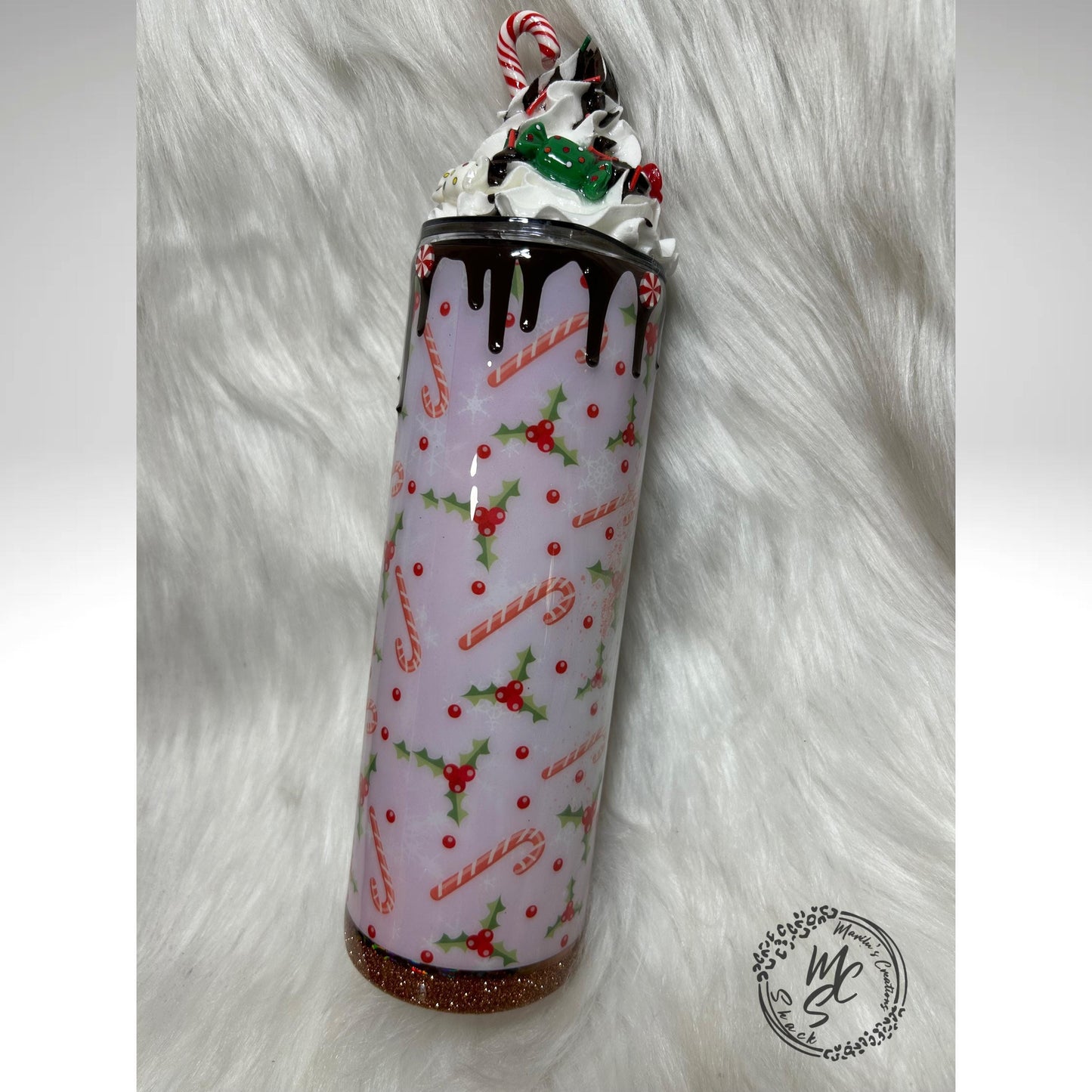 Christmas Tumbler, 20oz Straight Skinny with 3d whipped cream removable topper, Christmas, candy canes, cocoa and chaos with glitter tumbler