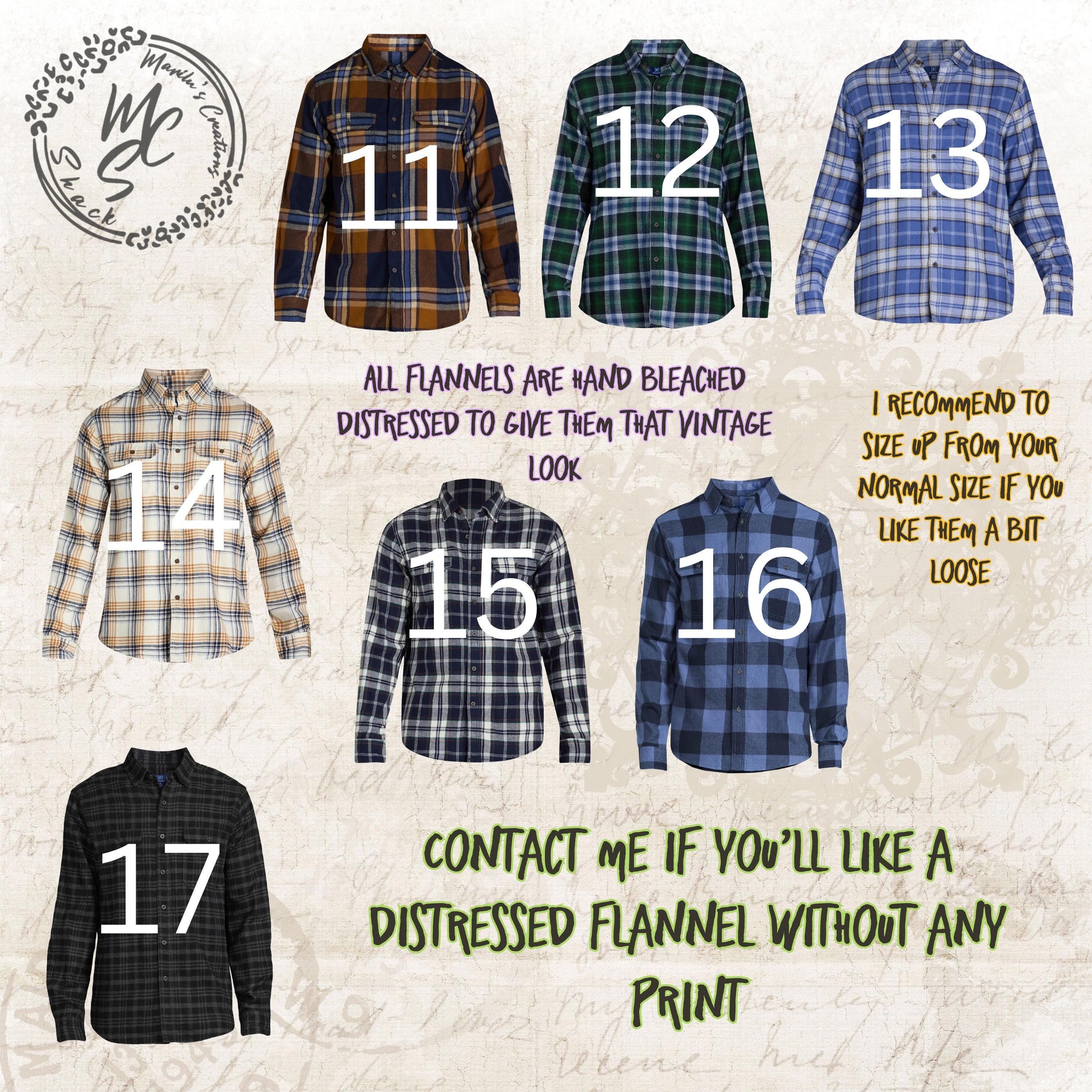 Flannels Bleached/Distressed/Vintage Customized (Choose your flannel size, color and send me a picture or the idea for your design)