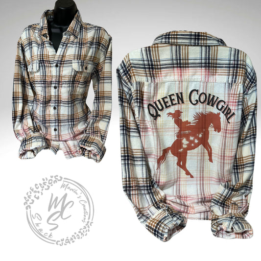 Bleached distressed, super soft real flannel, Queen Cowgirl Delicate Ivory color, horse and butterflies cowgirl flannel, gift for her.