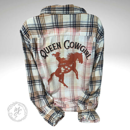 Bleached distressed, super soft real flannel, Queen Cowgirl Delicate Ivory color, horse and butterflies cowgirl flannel, gift for her.
