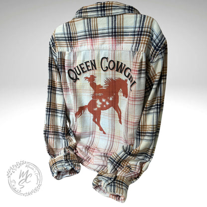 Bleached distressed, super soft real flannel, Queen Cowgirl Delicate Ivory color, horse and butterflies cowgirl flannel, gift for her.