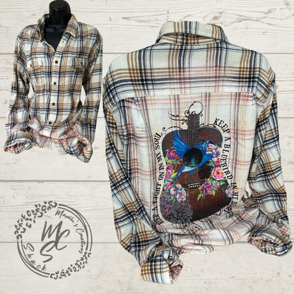 Flannel Keep a Light on my Soul, Keep a Blue Bird in my Heart guitar Bleached/Distressed. Choose your flannel shirt size.