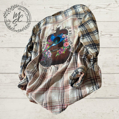 Flannel Keep a Light on my Soul, Keep a Blue Bird in my Heart guitar Bleached/Distressed. Choose your flannel shirt size.