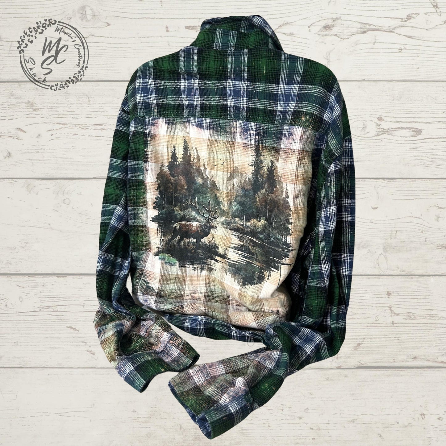 Flannel Forest with Deer, wilderness outdoor hunting top Bleached/Distressed. Choose your flannel size and color.