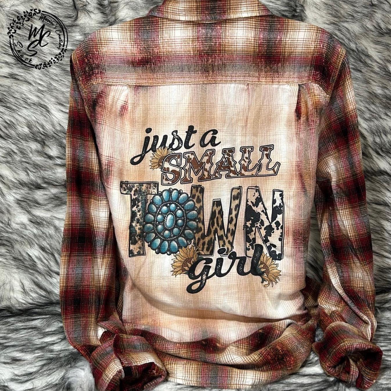 Flannel “just a small town girl” bleached distressed, super soft real flannel, brown plaid color flannel, gift for her.