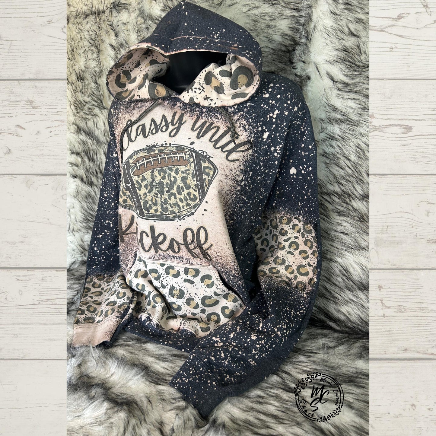 Hoodie Bleached/Distressed (Classy until Kickoff) leopard print cute football sweatshirt, pullover animal print sweater, cheetah print hood.