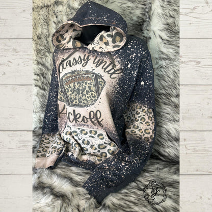 Hoodie Bleached/Distressed (Classy until Kickoff) leopard print cute football sweatshirt, pullover animal print sweater, cheetah print hood.