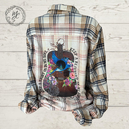 Flannel Keep a Light on my Soul, Keep a Blue Bird in my Heart guitar Bleached/Distressed. Choose your flannel shirt size.