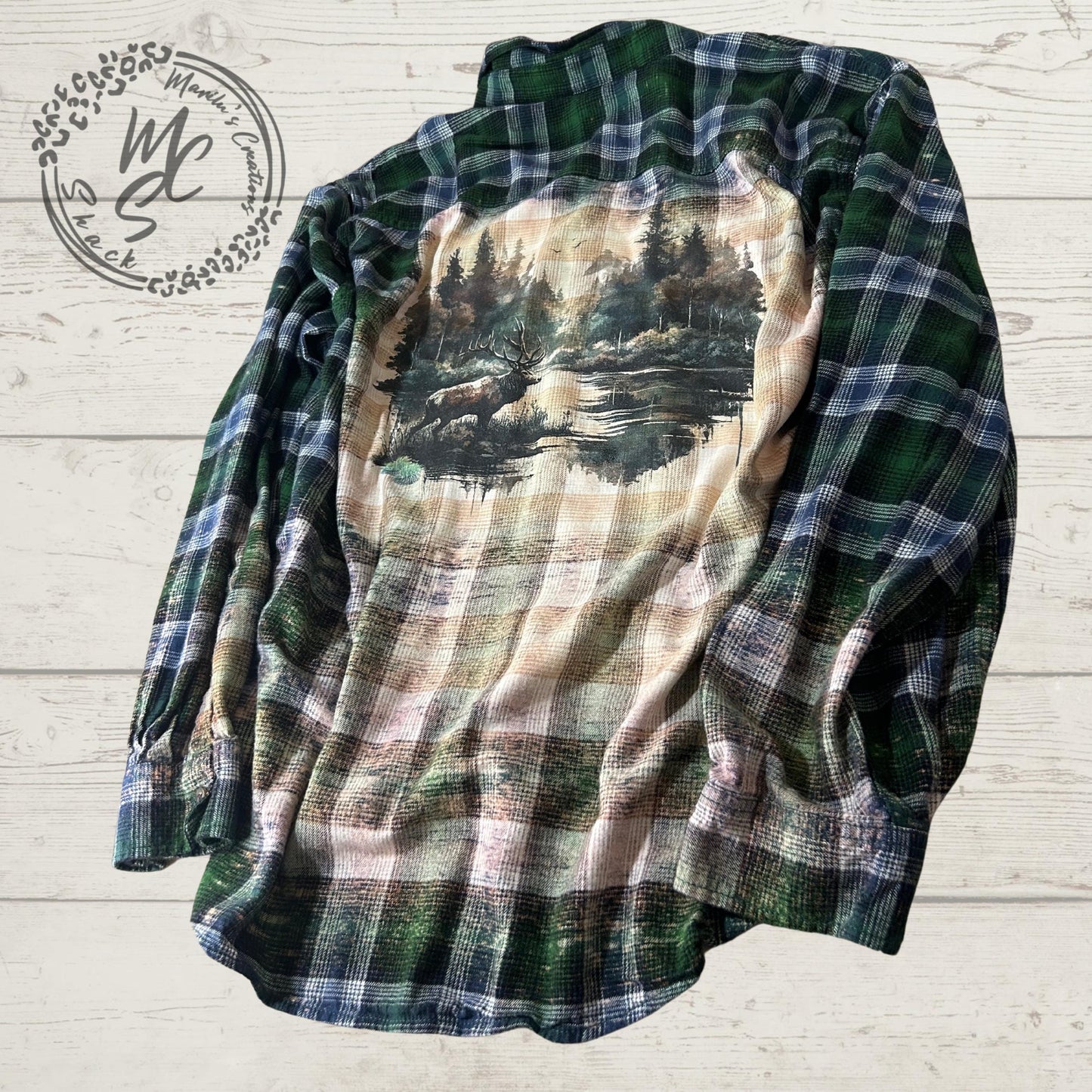 Flannel Forest with Deer, wilderness outdoor hunting top Bleached/Distressed. Choose your flannel size and color.