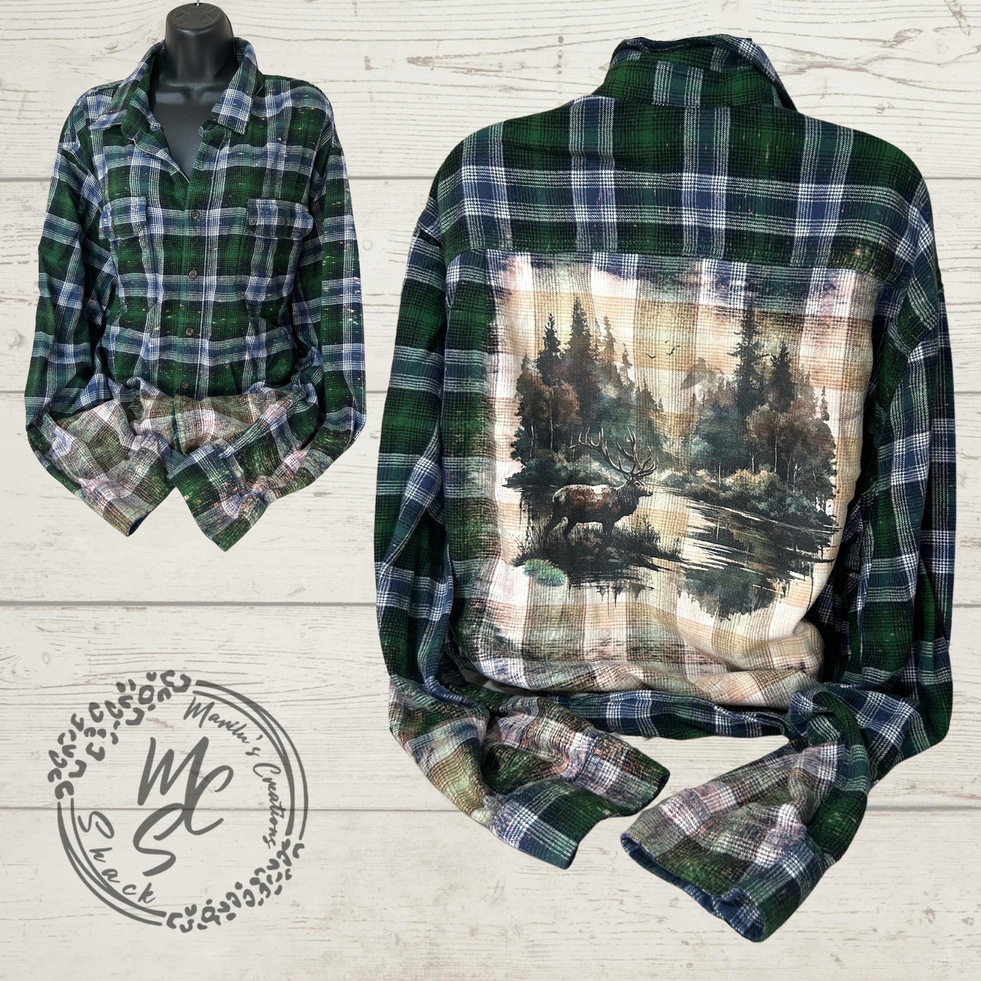 Flannel Forest with Deer, wilderness outdoor hunting top Bleached/Distressed. Choose your flannel size and color.