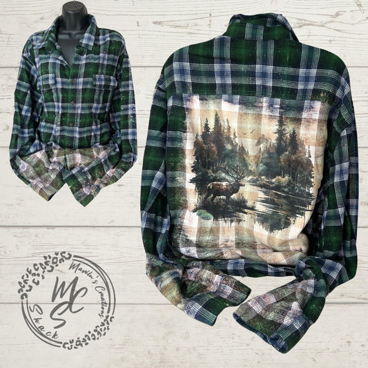 Flannel Forest with Deer, wilderness outdoor hunting top Bleached/Distressed. Choose your flannel size and color.