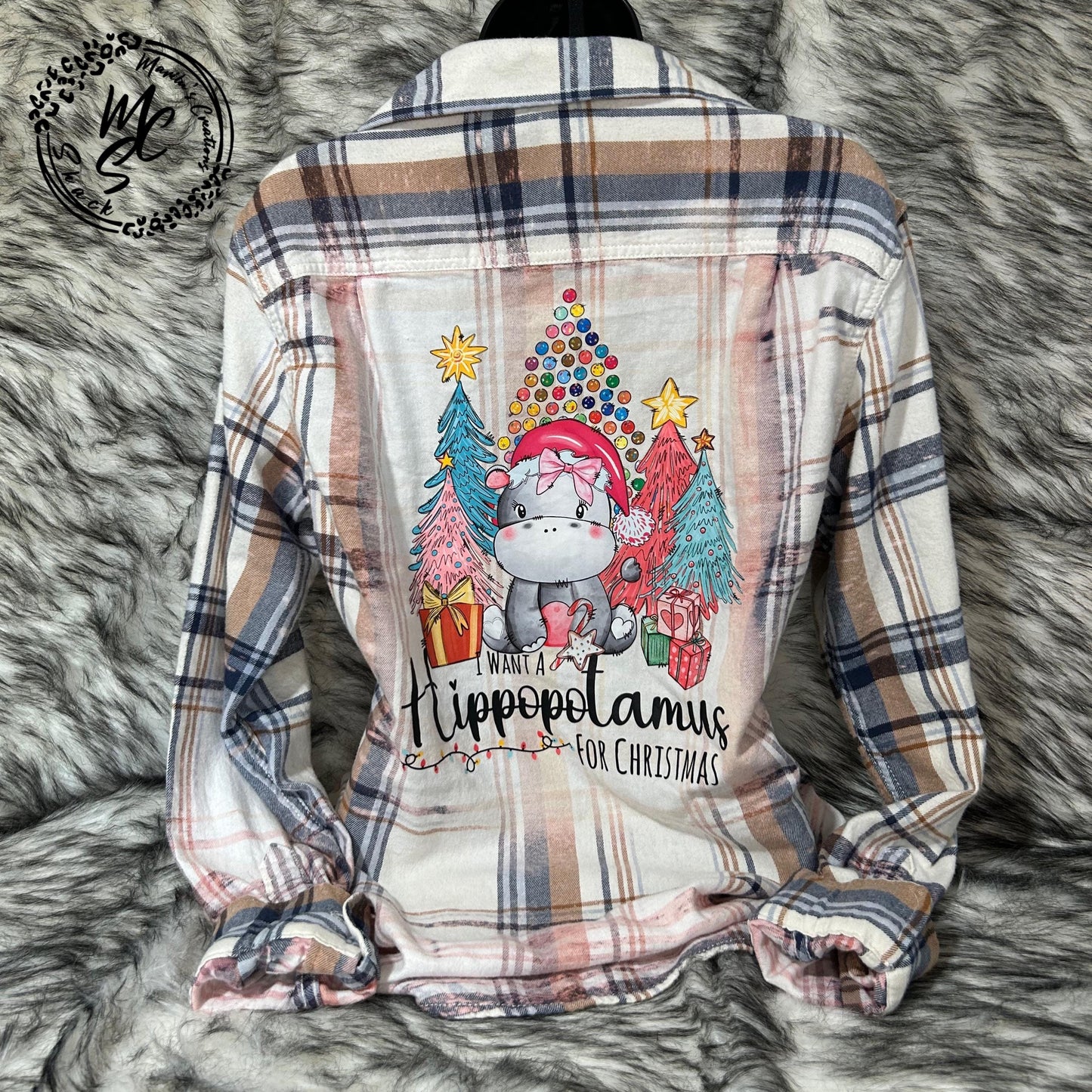 Bleached Hippopotamus Christmas Flannel Shirt: Distressed Vintage Style