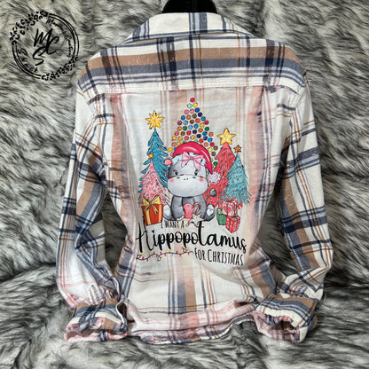 Bleached Hippopotamus Christmas Flannel Shirt: Distressed Vintage Style