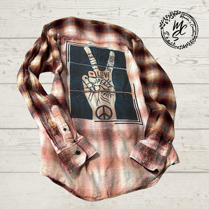 Flannel Love, Peace, Unity, Faith, Joy, Hope Bleached/Distressed. Hippie Flannel, choose your flannel size and color. Gift for her.