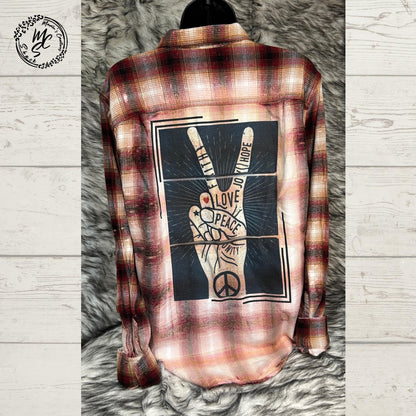 Flannel Love, Peace, Unity, Faith, Joy, Hope Bleached/Distressed. Hippie Flannel, choose your flannel size and color. Gift for her.