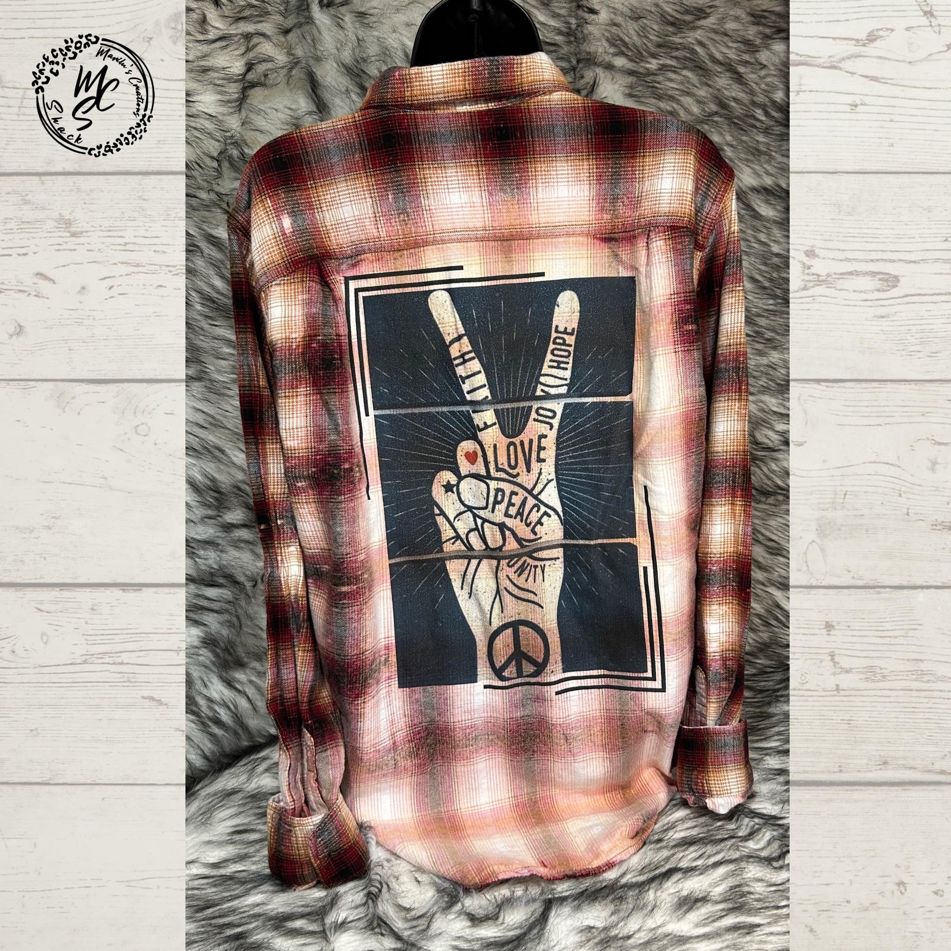 Bleached Peace Sign Flannel Shirt: Distressed Hippie Style