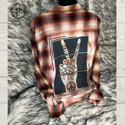 Flannel Love, Peace, Unity, Faith, Joy, Hope Bleached/Distressed. Hippie Flannel, choose your flannel size and color. Gift for her.