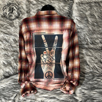 Flannel Love, Peace, Unity, Faith, Joy, Hope Bleached/Distressed. Hippie Flannel, choose your flannel size and color. Gift for her.
