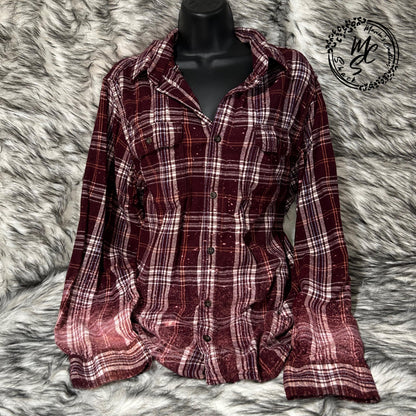 Flannel with a butterfly design Bleached/Distressed. Cute butterfly flannel gift for her. Burgundy Plaid Flannel shirt.