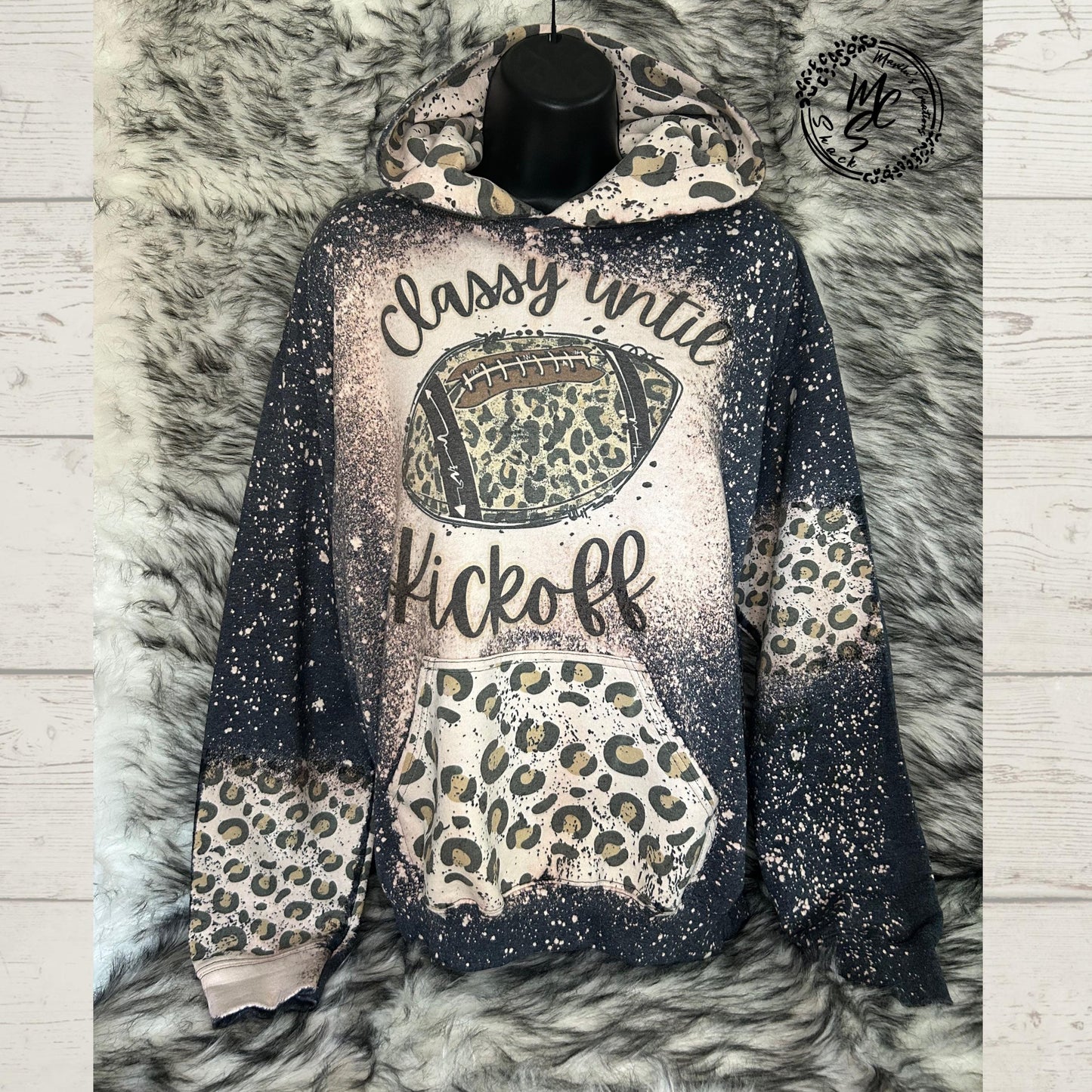 Hoodie Bleached/Distressed (Classy until Kickoff) leopard print cute football sweatshirt, pullover animal print sweater, cheetah print hood.