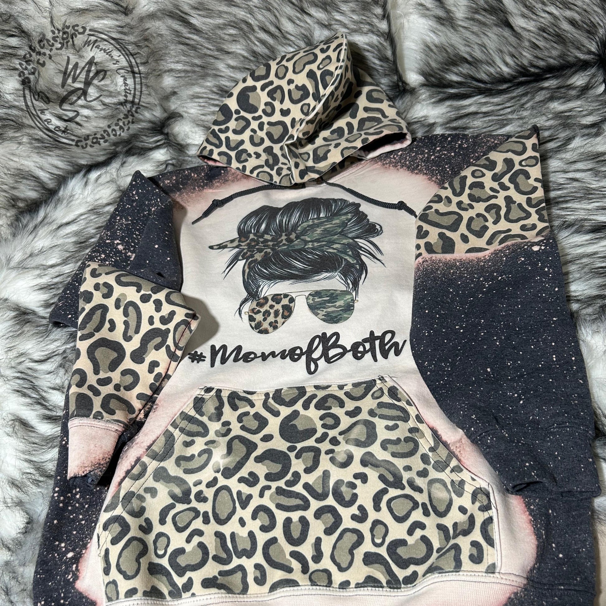 Hoodie Bleached/Distressed (Mama of Both) leopard print cute messy bun sweatshirt, pullover animal print sweater, cheetah print hood.