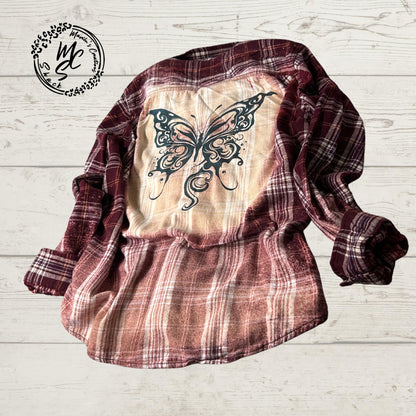 Flannel with a butterfly design Bleached/Distressed. Cute butterfly flannel gift for her. Burgundy Plaid Flannel shirt.