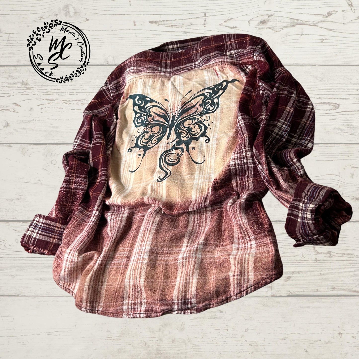Flannel with a butterfly design Bleached/Distressed. Cute butterfly flannel gift for her. Burgundy Plaid Flannel shirt.