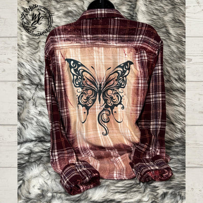 Flannel with a butterfly design Bleached/Distressed. Cute butterfly flannel gift for her. Burgundy Plaid Flannel shirt.