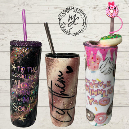 Ready to ship Tumblers, Mermaid with hand placed scales and 3D Tale, Let them with glitter and Donut Tumblers, last minute gifts.