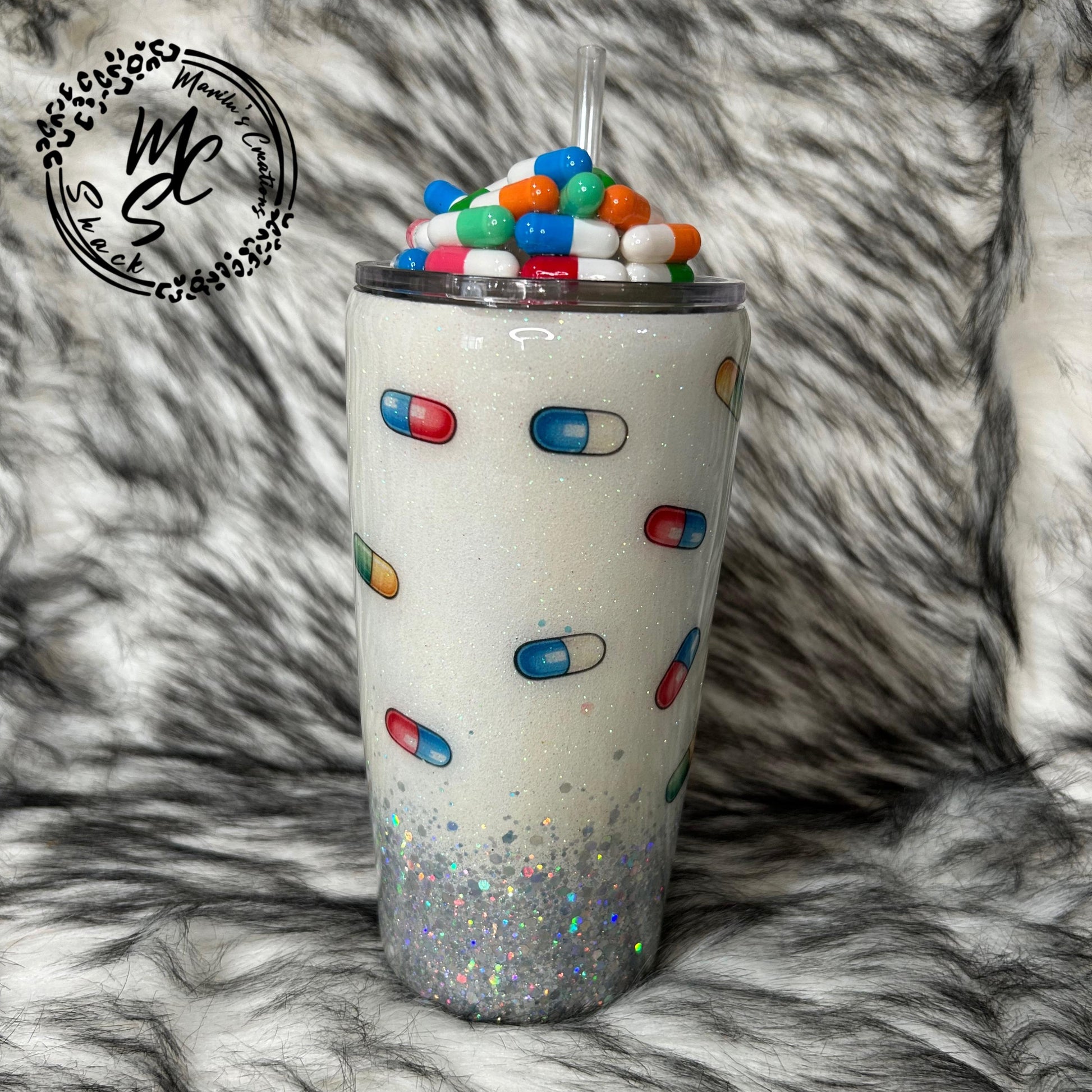 Pharmacist Tumbler with 3D fake pills removable topper, white and silver glitter. Bottom glitter color can be changed. Personalizeable Cup.