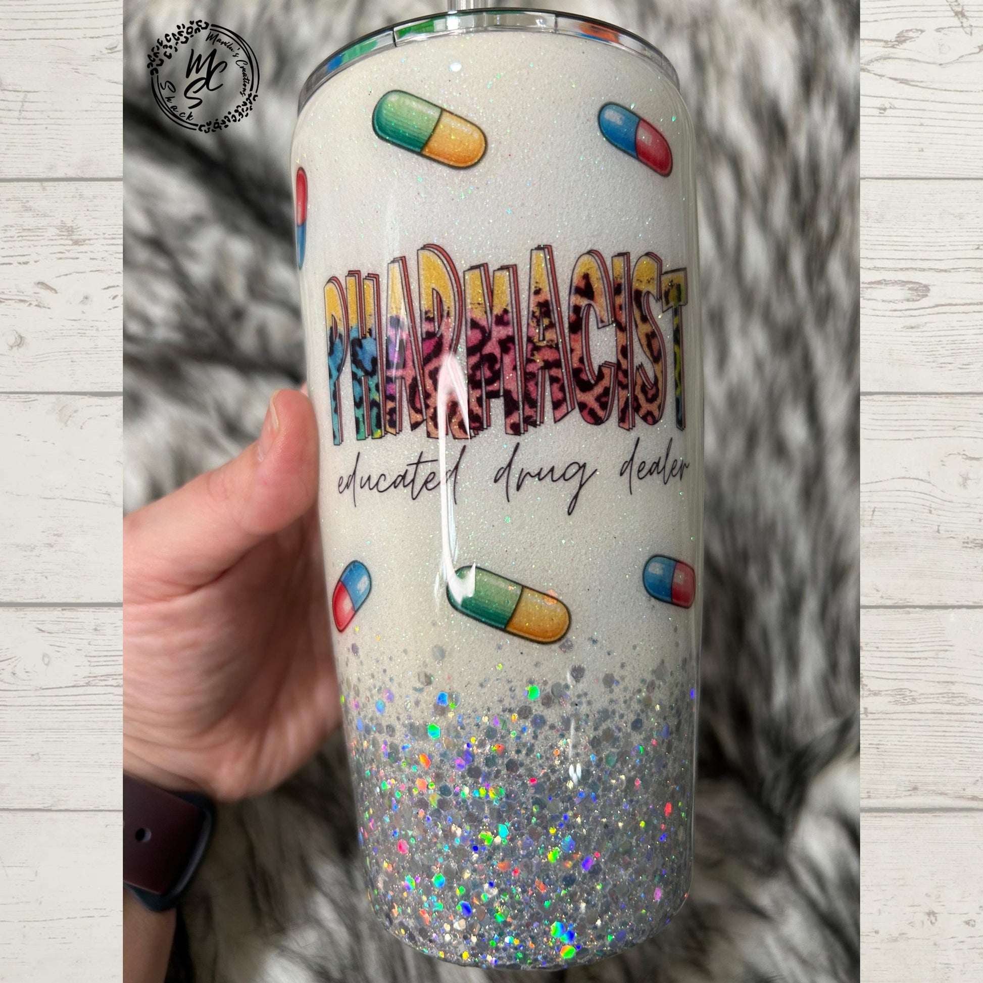 Pharmacist Tumbler with 3D fake pills removable topper, white and silver glitter. Bottom glitter color can be changed. Personalizeable Cup.