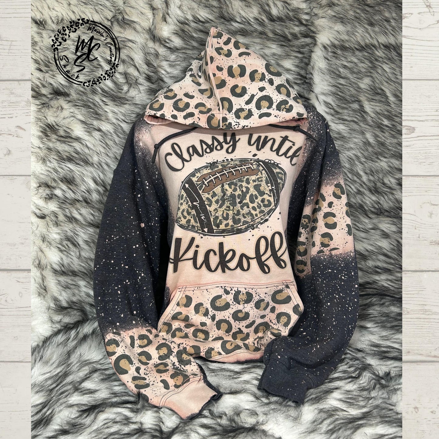 Hoodie Bleached/Distressed (Classy until Kickoff) leopard print cute football sweatshirt, pullover animal print sweater, cheetah print hood.