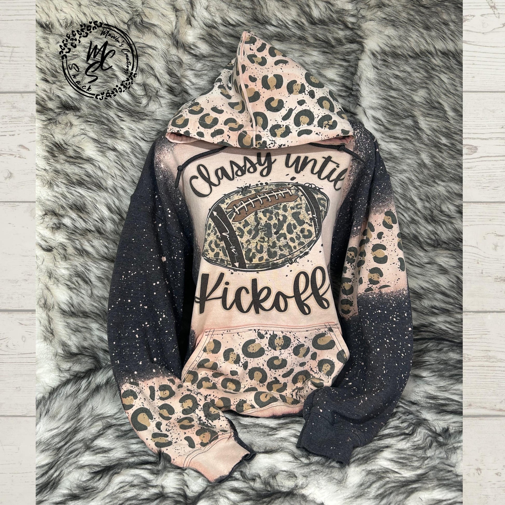 Hoodie Bleached/Distressed (Classy until Kickoff) leopard print cute football sweatshirt, pullover animal print sweater, cheetah print hood.