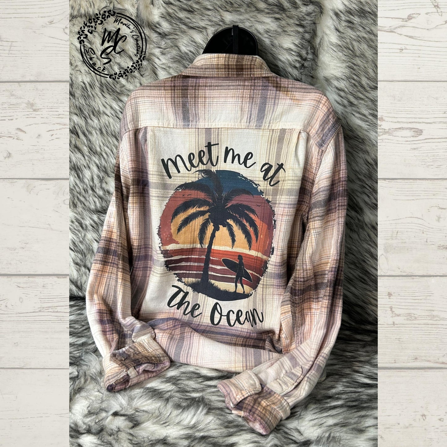 Flannel Meet me at the Ocean bleached distressed, super soft real flannel, tan plaid color surfer sunrise top, gift for her, cow lovers.