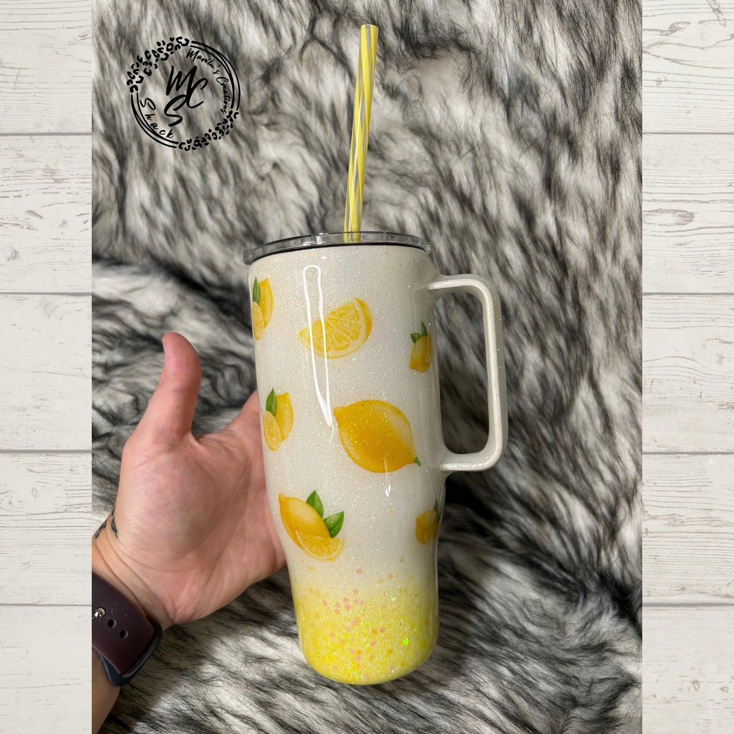 Mommy & Me Lemon print tumbler, Sparkly lemonade print tumbler (with slide screw on lid and straw), ombré glitter with white and yellow mix