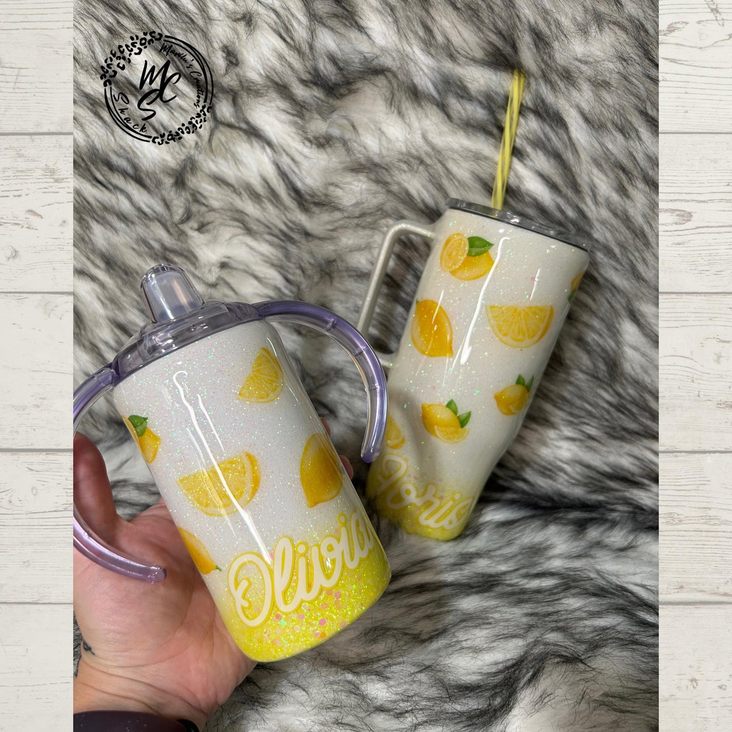 Mommy & Me Lemon print tumbler, Sparkly lemonade print tumbler (with slide screw on lid and straw), ombré glitter with white and yellow mix