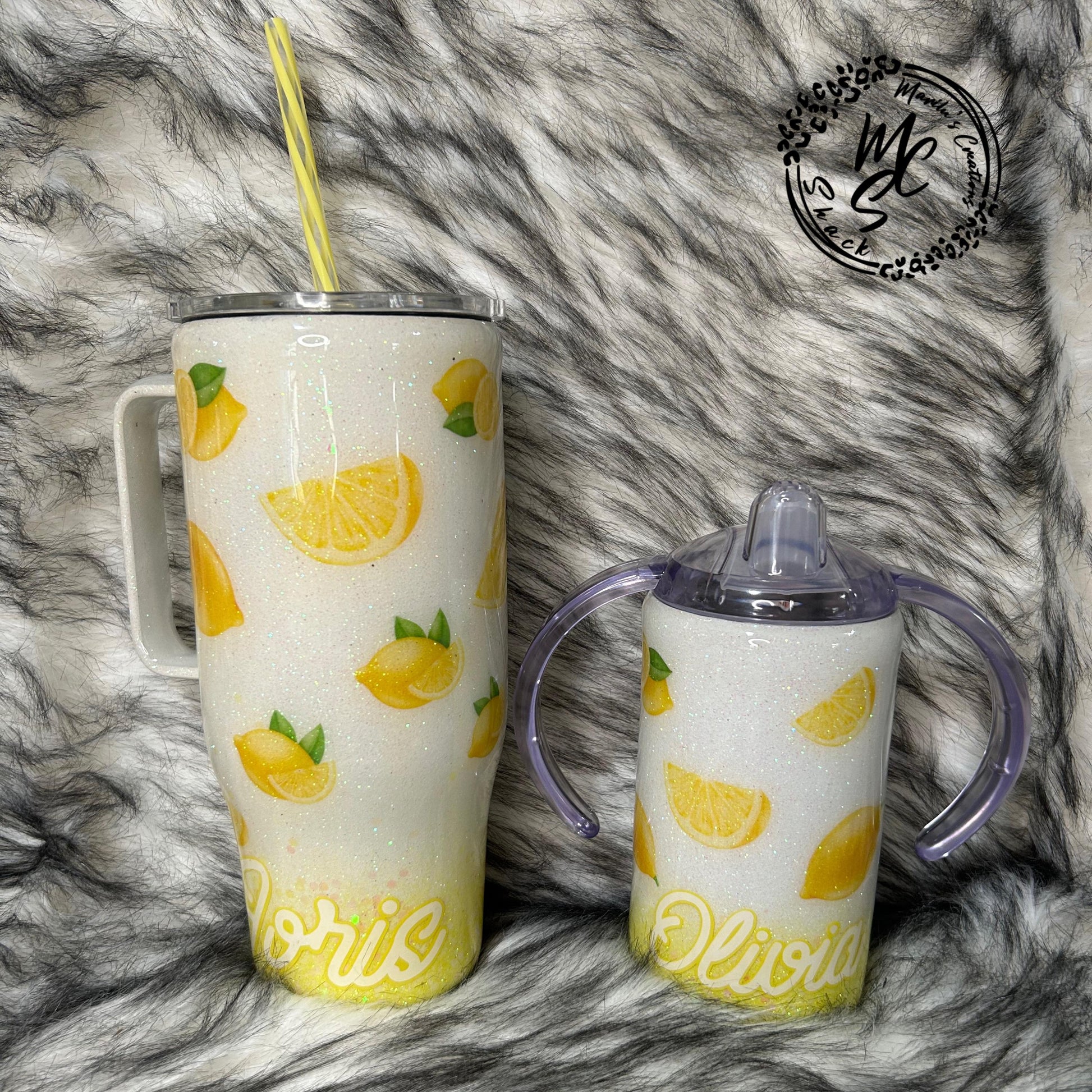 Mommy & Me Lemon print tumbler, Sparkly lemonade print tumbler (with slide screw on lid and straw), ombré glitter with white and yellow mix