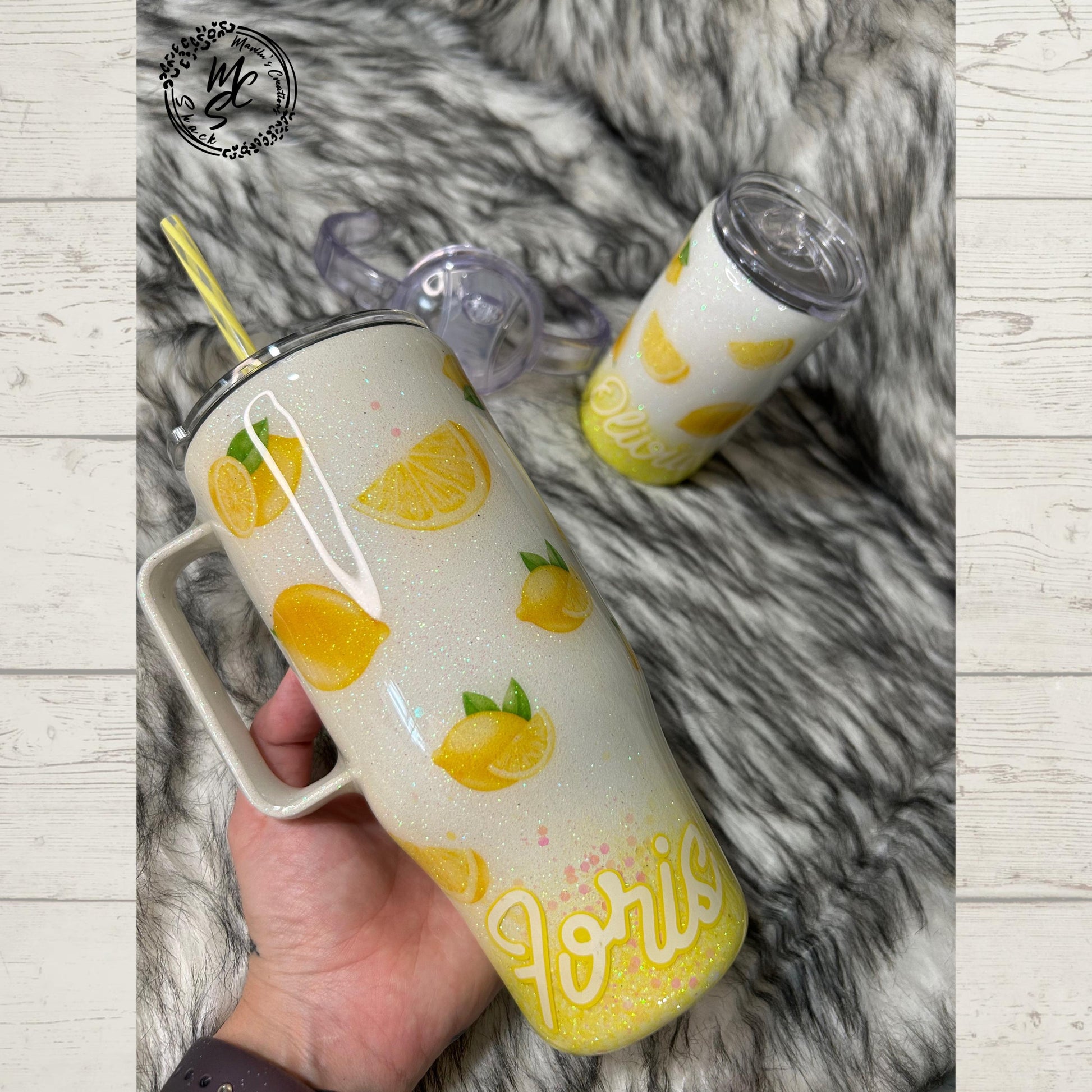 Mommy & Me Lemon print tumbler, Sparkly lemonade print tumbler (with slide screw on lid and straw), ombré glitter with white and yellow mix